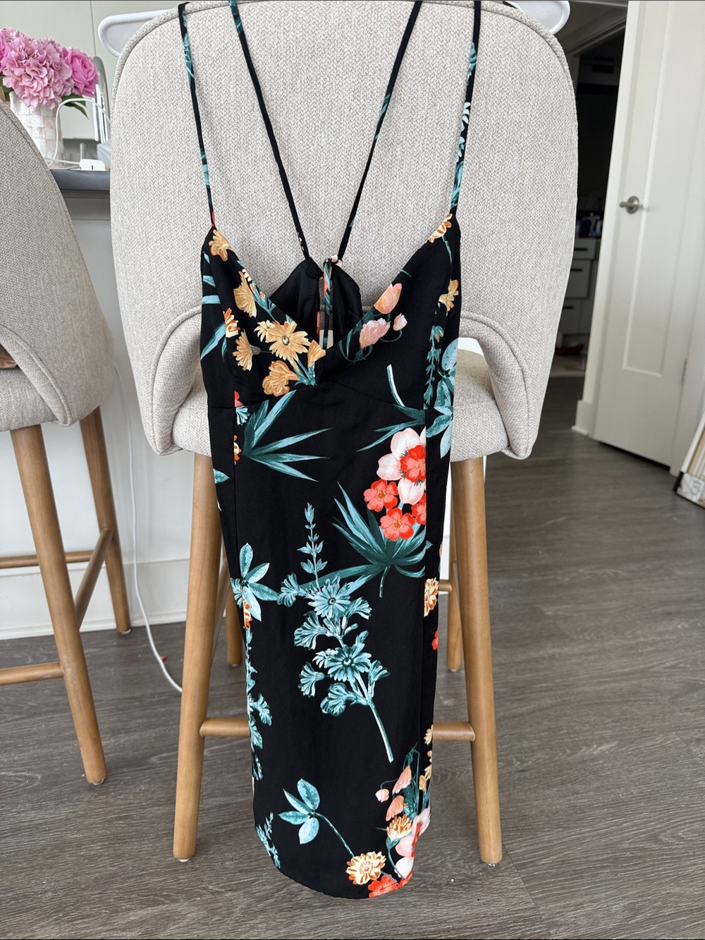 Forever 21 Black Tropical Floral Midi Slip Dress